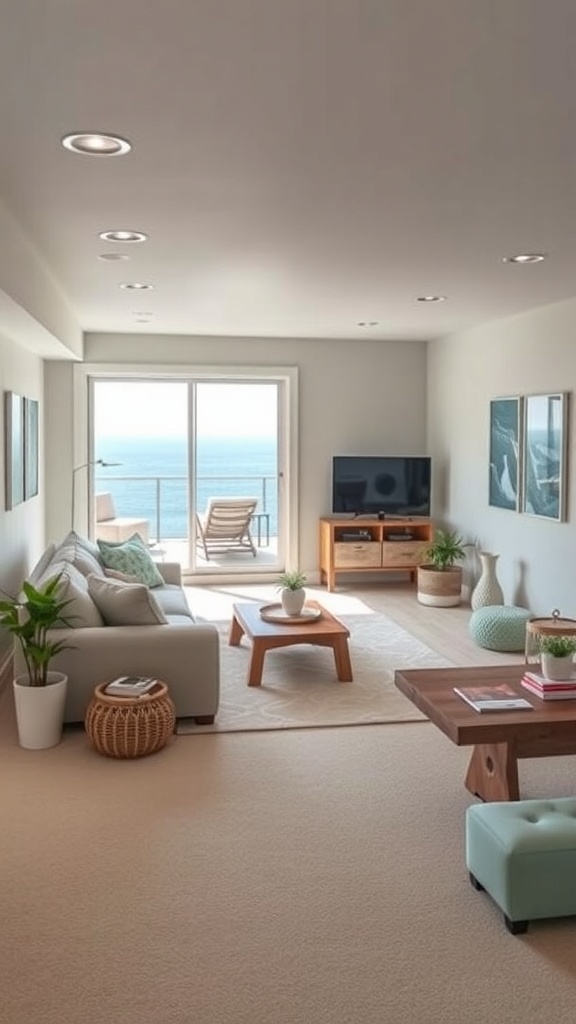 A coastal-inspired living room with large windows, light furniture, and ocean views.