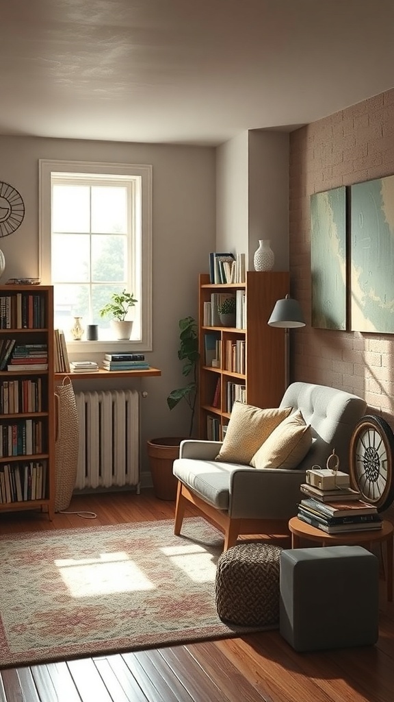 Cozy reading nook in a basement with natural light, featuring a comfortable chair, bookshelves, and a small side table.
