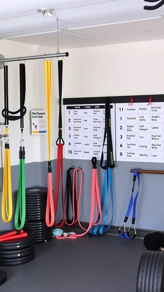Wall-mounted resistance bands in a garage gym setup with a workout chart.