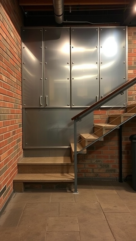Basement stairs with industrial metal finishes and brick wall