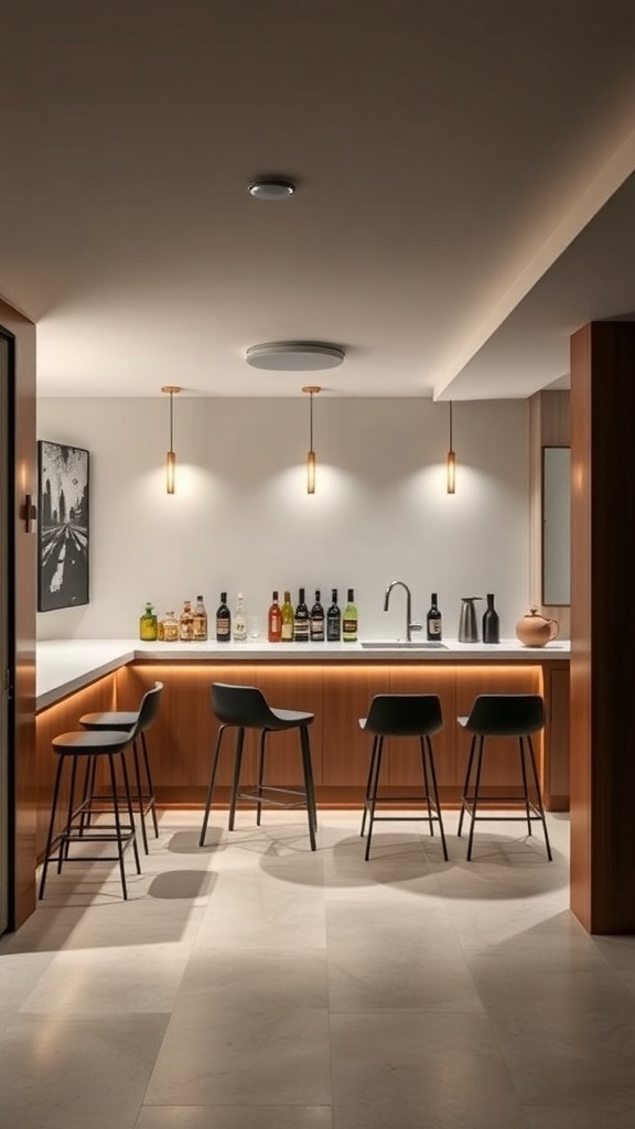 A modern minimalist basement bar with a sleek design, featuring a polished countertop, warm wooden cabinetry, and stylish black stools.