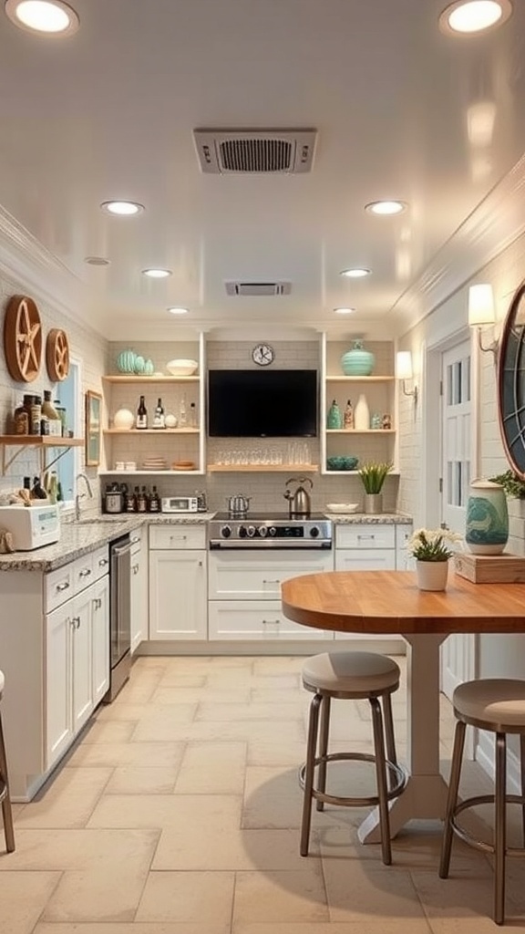 A coastal-inspired home bar featuring white cabinets, a round wooden table, and nautical decor.