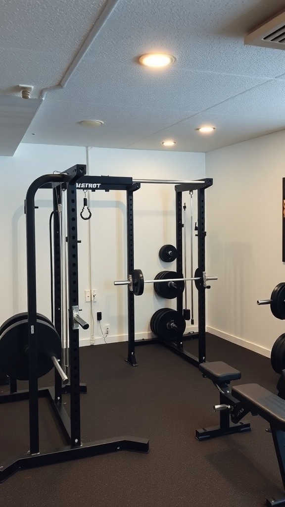 A basement gym setup featuring a squat rack, adjustable weights, and a bench.
