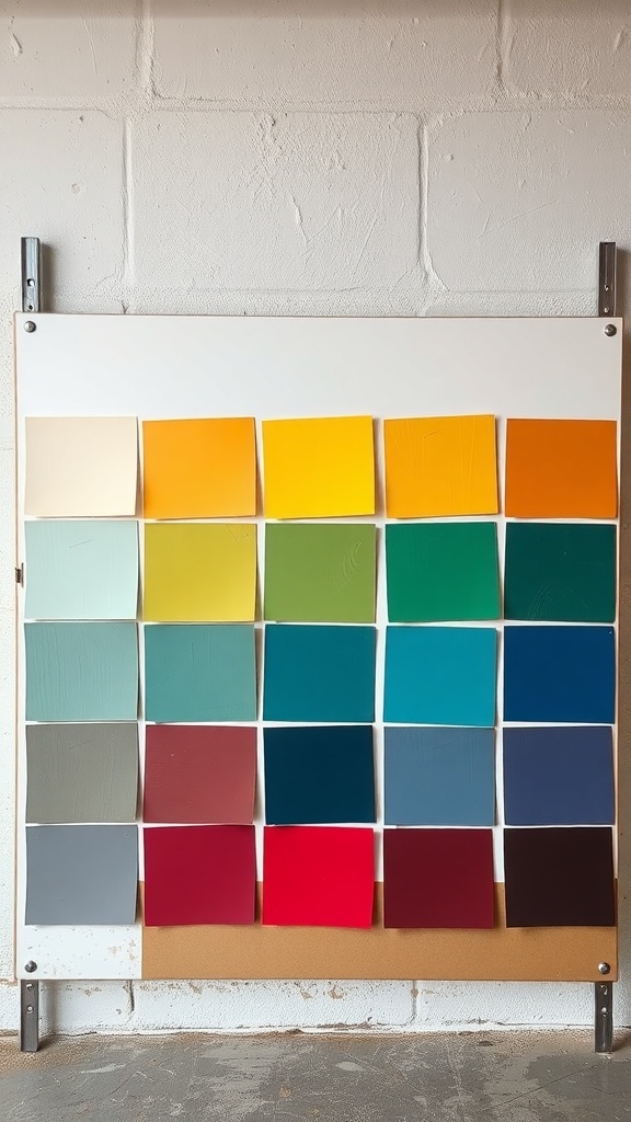 A display of various paint color swatches arranged in rows, showcasing a range of colors for basement remodeling.
