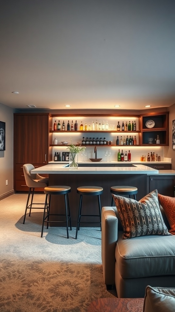 Stylish basement bar area with modern design, stocked shelves, and inviting bar stools.