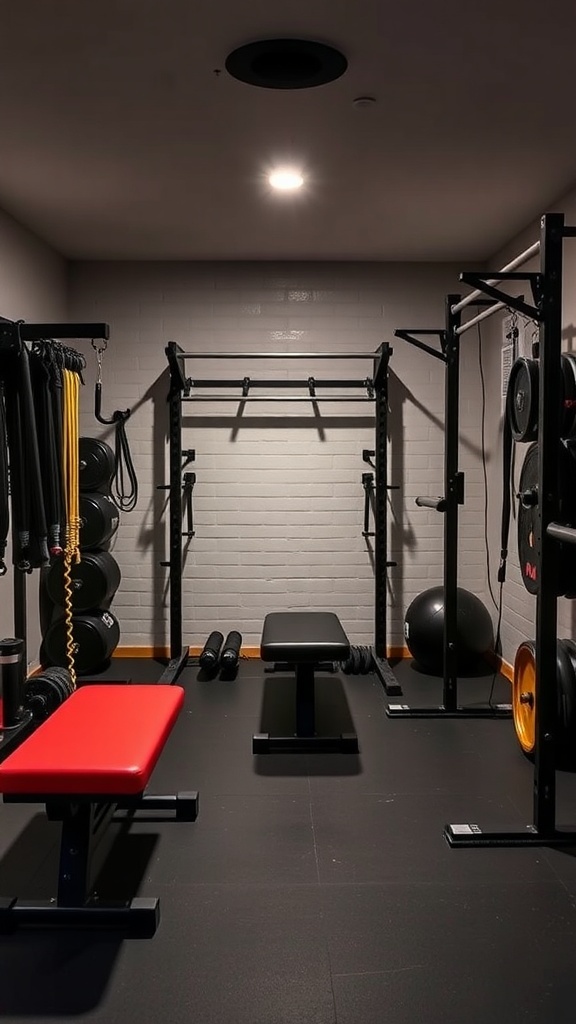 A compact basement gym with a red bench, weights, resistance bands, and a pull-up bar.