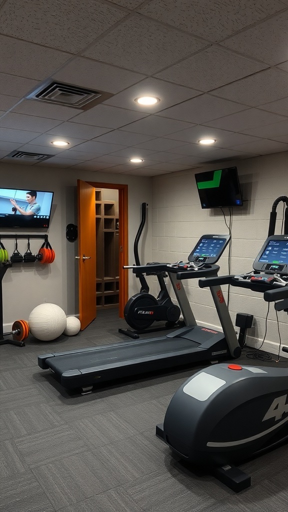 A modern basement gym featuring a treadmill, elliptical machine, and a wall-mounted TV.