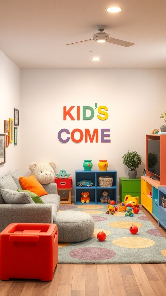 A colorful kids' corner in a basement with toys, a sofa, and playful decor.