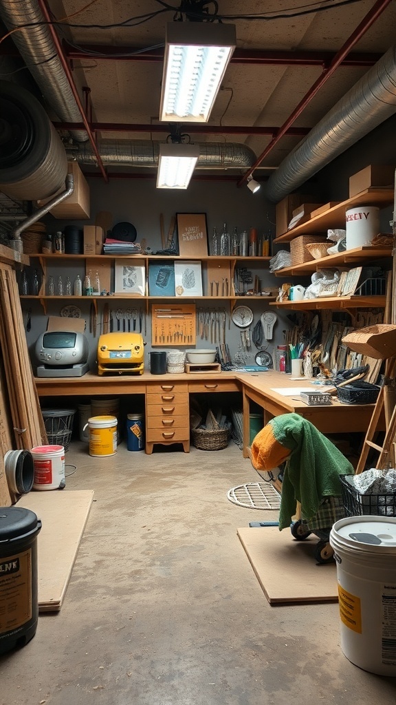 A well-organized creative workshop with various craft supplies and tools.