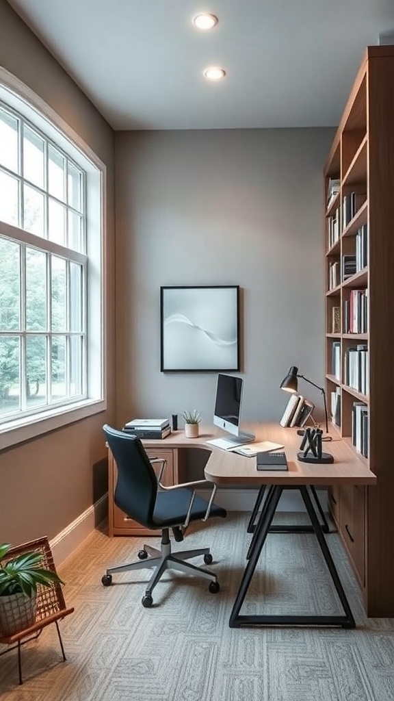 A modern home office setup in a finished basement with a large window, sleek desk, comfortable chair, and bookshelf.