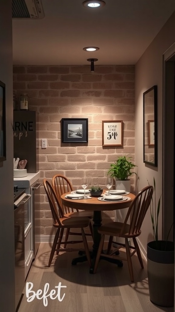 A cozy basement kitchenette with a round wooden dining table, four chairs, and decorative wall art.