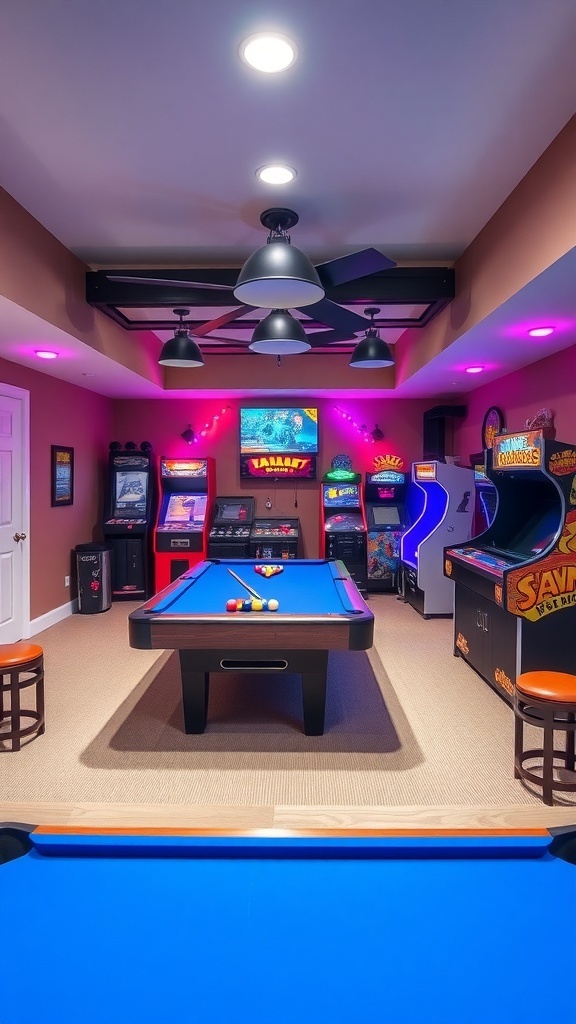 A stylish game room in a finished basement featuring a blue pool table, arcade games, and colorful lighting.