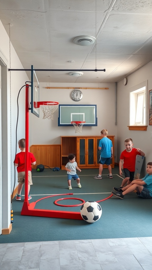 Children playing in an indoor sports area with a basketball hoop and soccer ball.