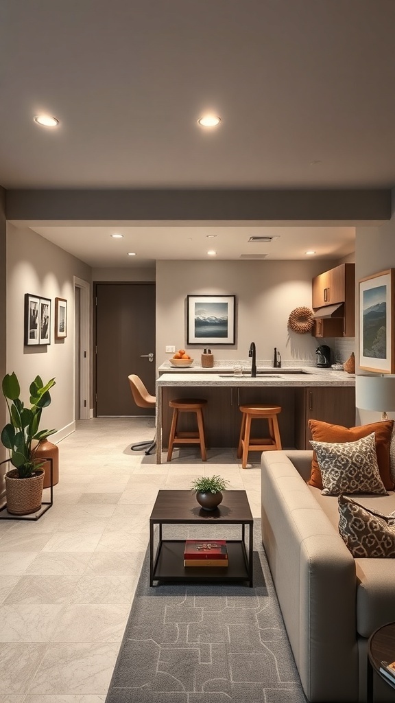 A modern basement kitchenette with an open concept layout featuring a cozy living area.