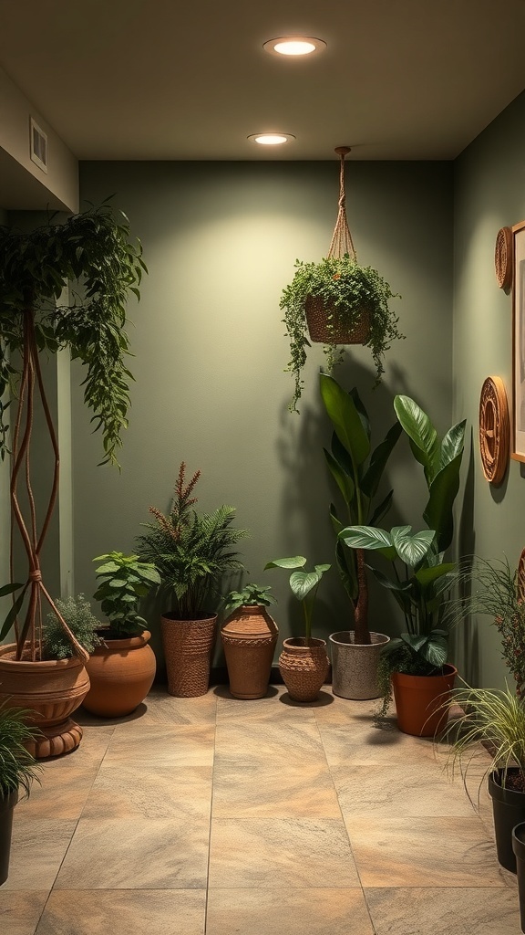 A basement corner with muted sage green walls and various potted plants.