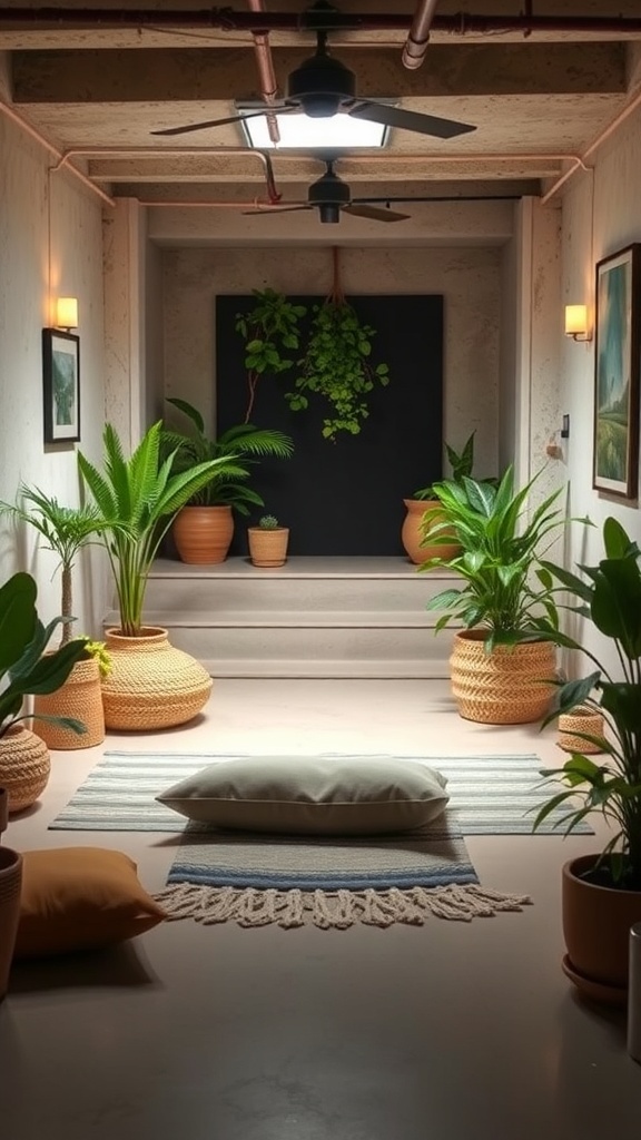 A cozy zen meditation space in a basement with plants and soft seating.