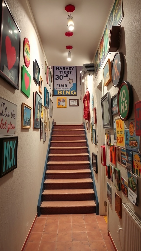 A colorful stairwell decorated with various pieces of wall art, including paintings and signs.