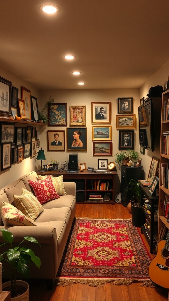 A cozy basement apartment with wooden floors, artwork on the walls, and a comfortable couch.