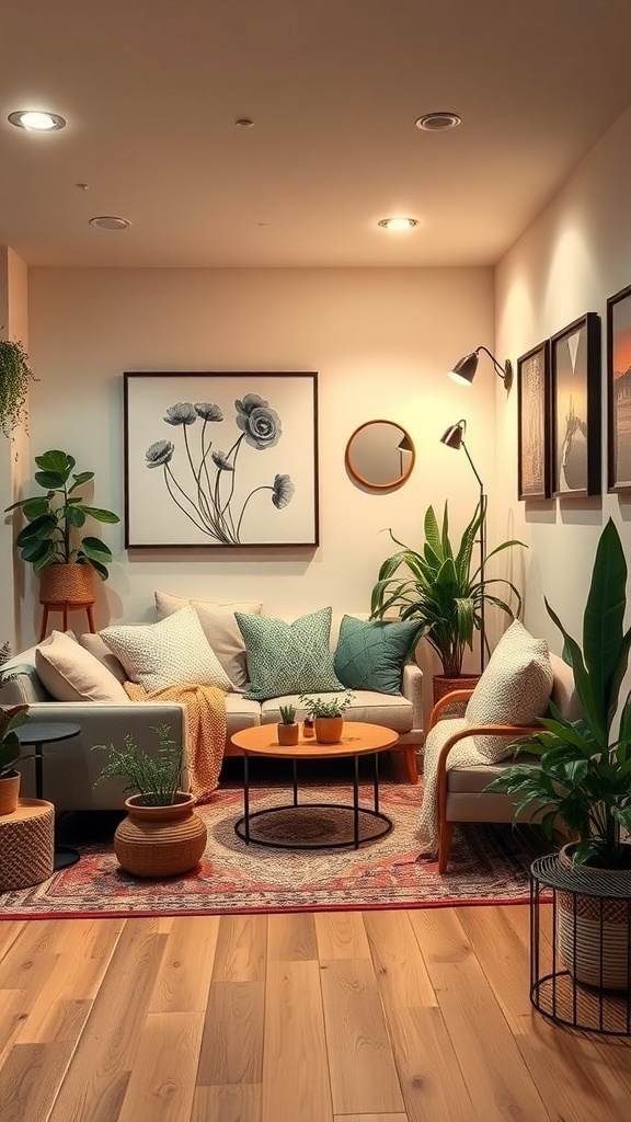 Cozy living area in a basement apartment with plants, cushions, and artwork
