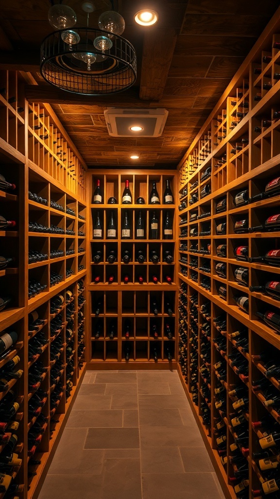 A cozy wine cellar with wooden shelves filled with wine bottles and warm lighting.