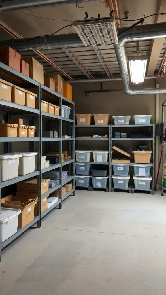 Organized basement storage with shelves and bins