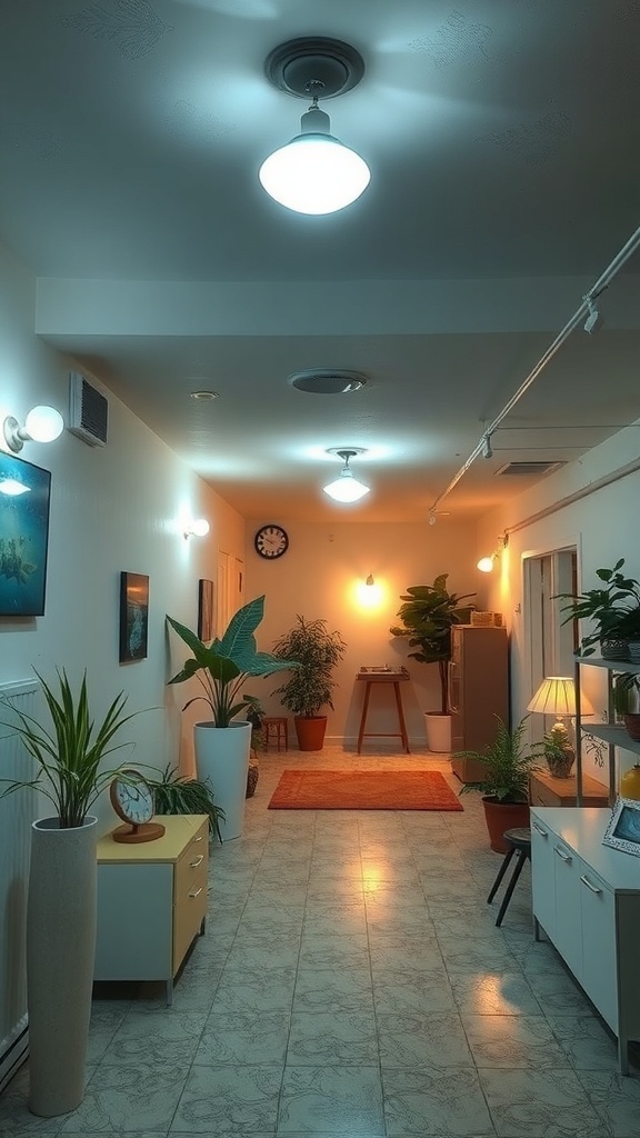 A well-lit basement corridor with plants, wall sconces, and a rug.