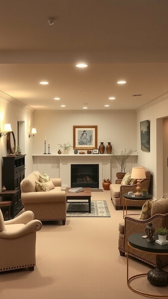 A cozy basement living area with cream walls, comfortable seating, and warm lighting.