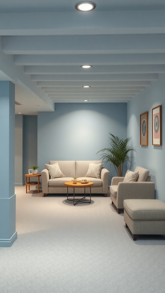 A cozy basement with pale blue walls, light furniture, and a small plant.