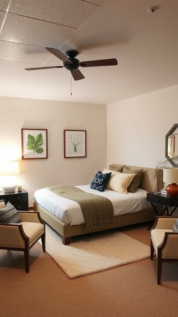 A chic guest suite featuring a bed with decorative pillows, two chairs, a rug, and botanical wall art.