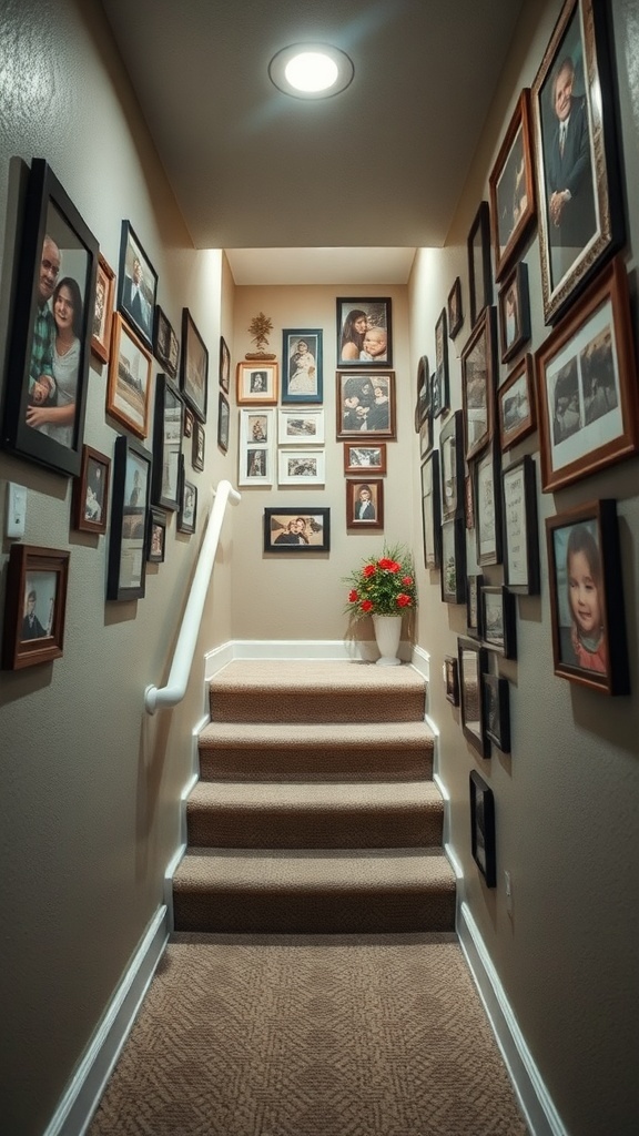 A stairwell decorated with family photos and a small plant, creating a warm and inviting atmosphere.