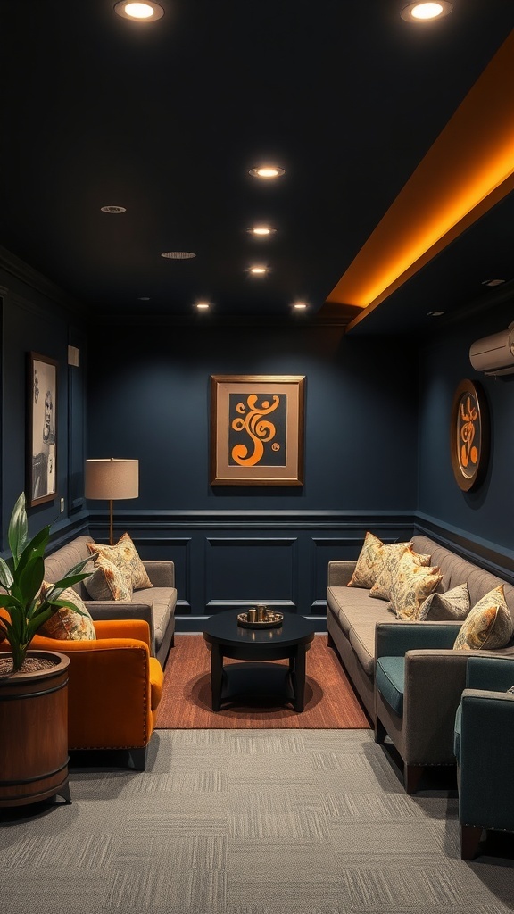 A cozy basement with deep navy walls, soft lighting, and colorful furniture.