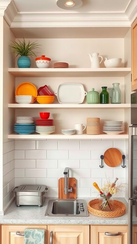 Colorful open shelving in a kitchenette displaying plates, bowls, and glassware.