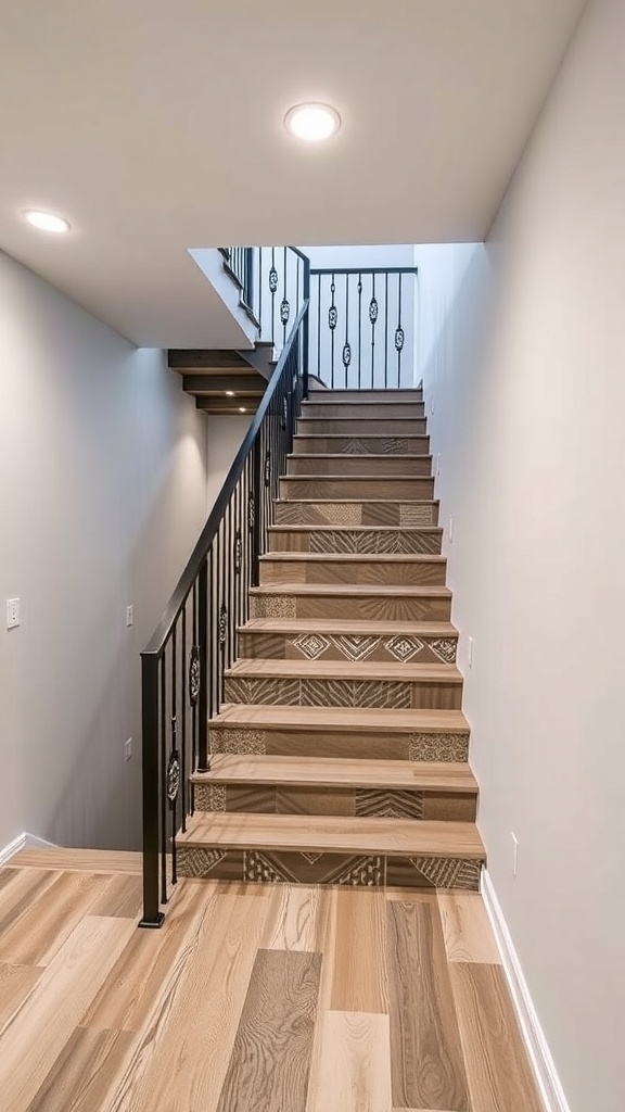 Stylish basement stairwell with wooden steps and black railing