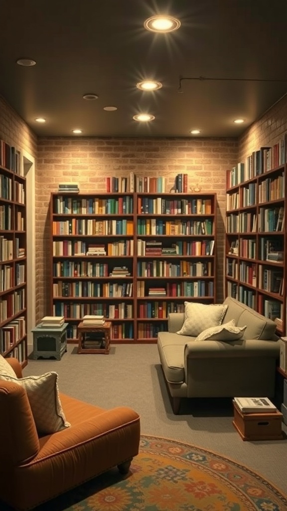 Cozy reading nook with bookshelves, soft lighting, and comfortable seating.
