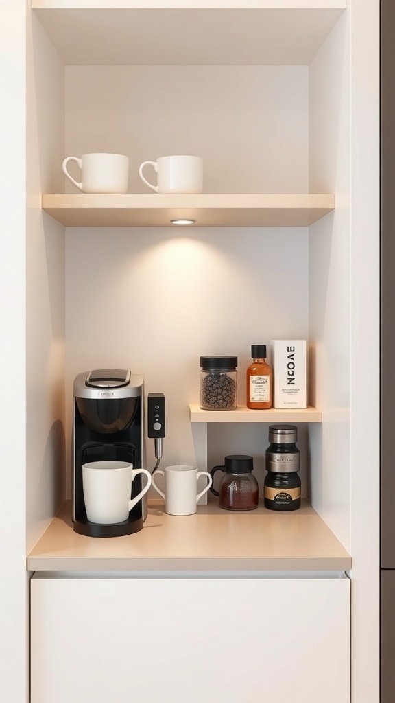 A compact coffee station with a coffee maker, mugs, and jars of coffee essentials in a modern kitchenette.