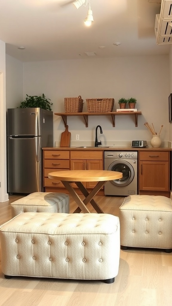 A cozy basement kitchenette with a round table, ottomans, and essential appliances.