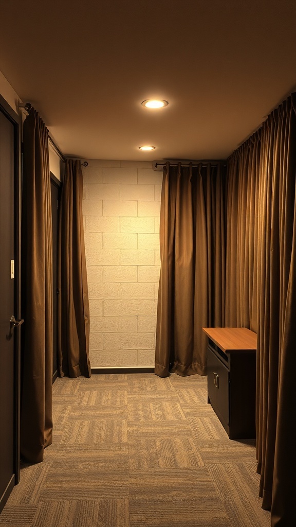 A cozy hallway in a basement apartment with thick curtains and soft lighting.