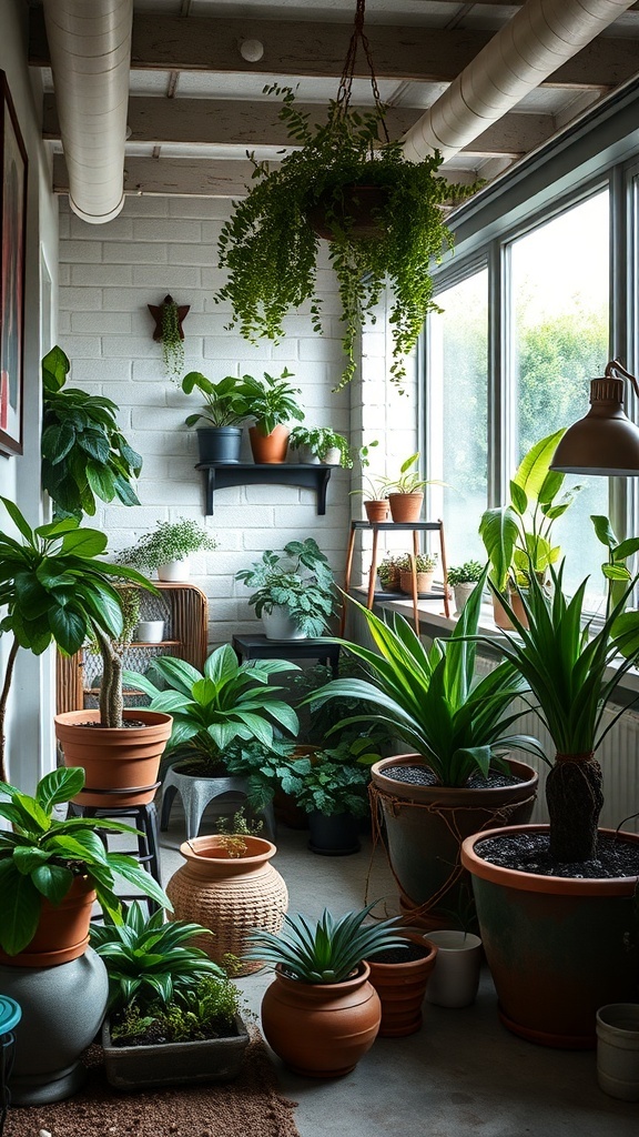 Indoor garden with various plants in pots, bright window light