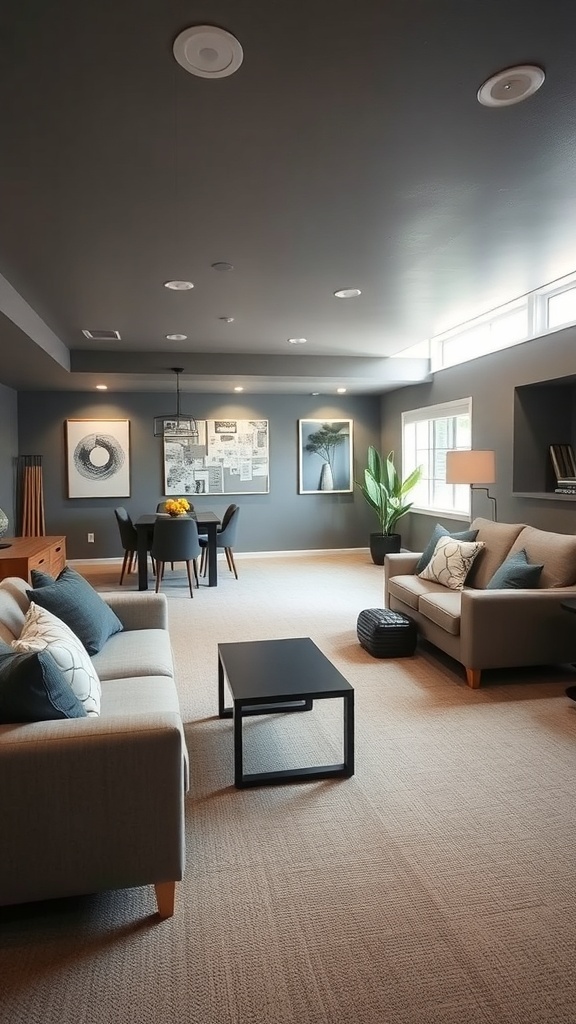 Stylish open concept basement with seating area and dining table