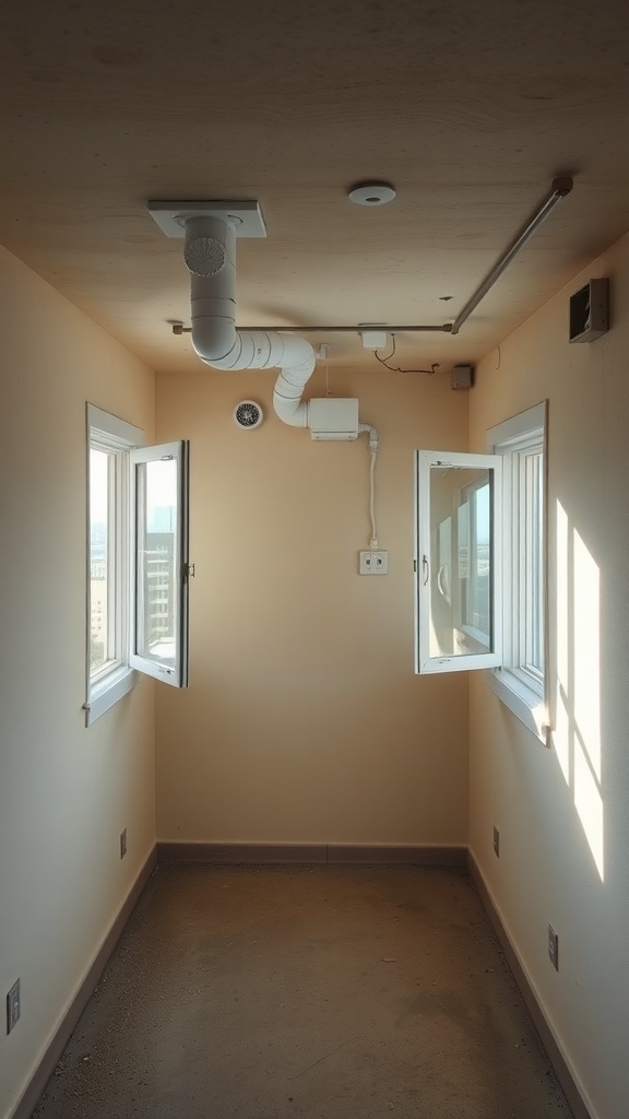 Interior of a basement apartment showing ventilation ducts and windows