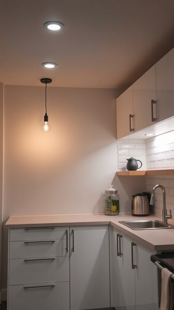 A modern kitchenette with recessed lights and a pendant light