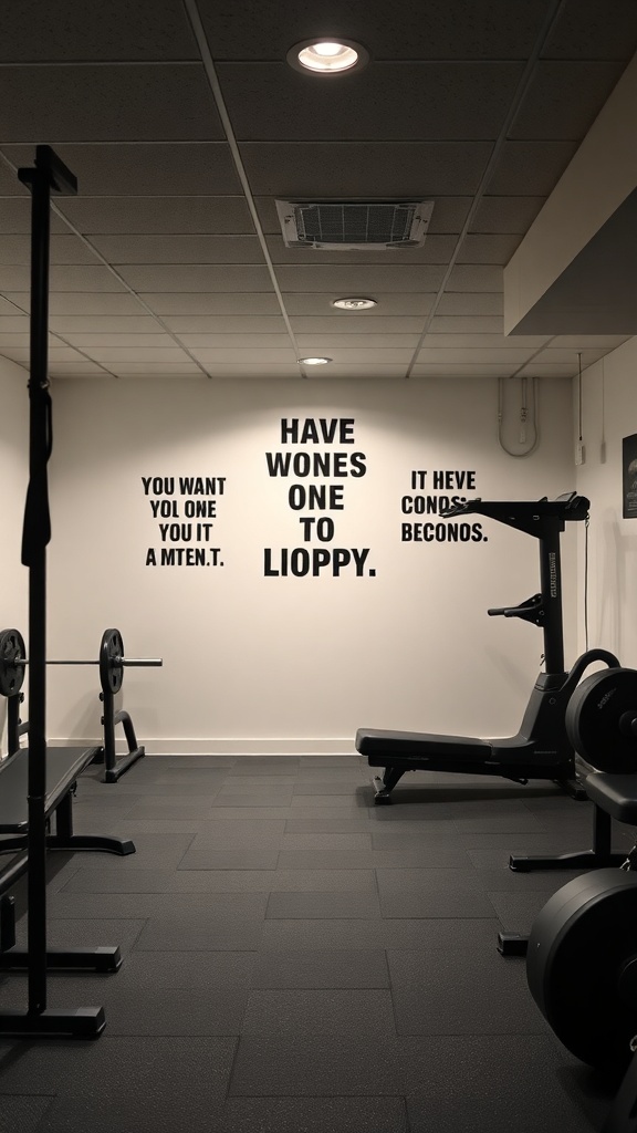 Home gym with motivational decor on the wall and gym equipment.
