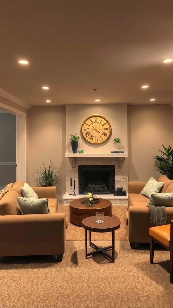 A cozy basement with warm beige walls, comfortable seating, and decorative elements.