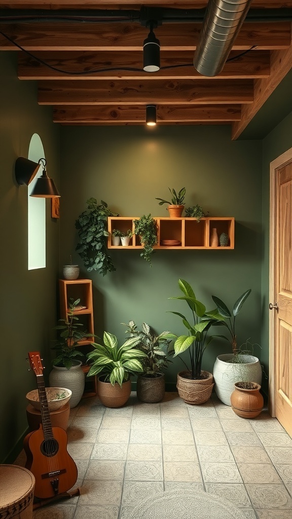 A cozy basement with olive green walls, wooden beams, and various plants, creating a nature-inspired atmosphere.