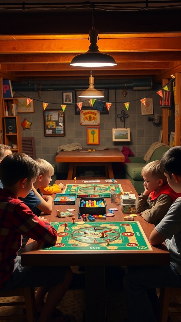 Kids playing board games in a cozy basement setting