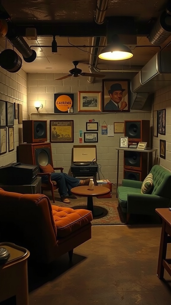 A vintage lounge with retro furniture, featuring an orange chair, green couch, and a record player.