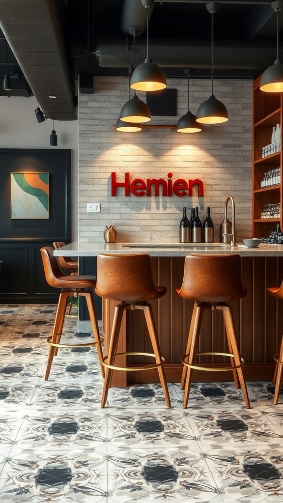 Stylish bar stools in a modern kitchenette with a wooden bar and decorative elements.