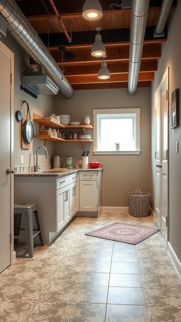 A modern basement kitchenette featuring tiled flooring, wooden shelves, and a bright window.