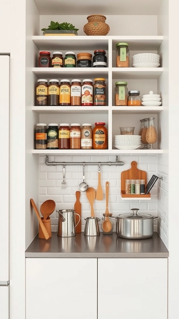 Organized kitchenette with vertical storage solutions, featuring shelves filled with jars and hanging utensils.