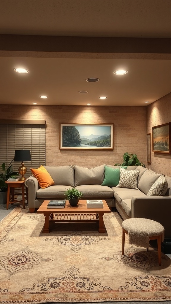 Cozy basement family lounge with a sofa, coffee table, and warm lighting.